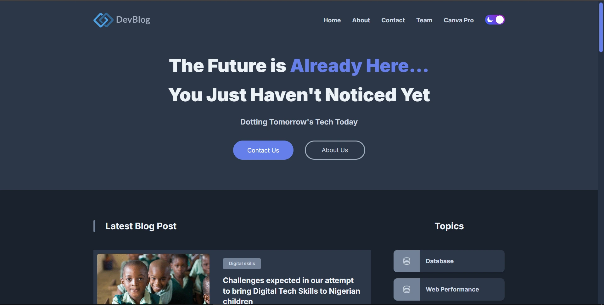 DevBlog homepage preview with hero section and latest blog posts