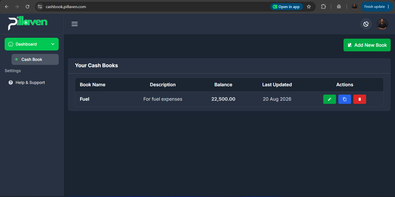 Pillaven Cashbook expense tracking platform preview
